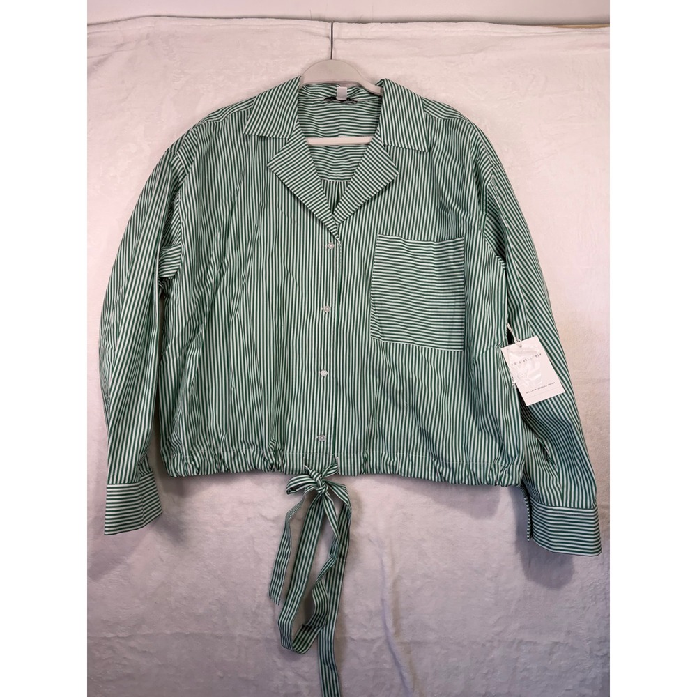 Free Assembly Button Down Shirt XL Green White Striped Tie Hem Women